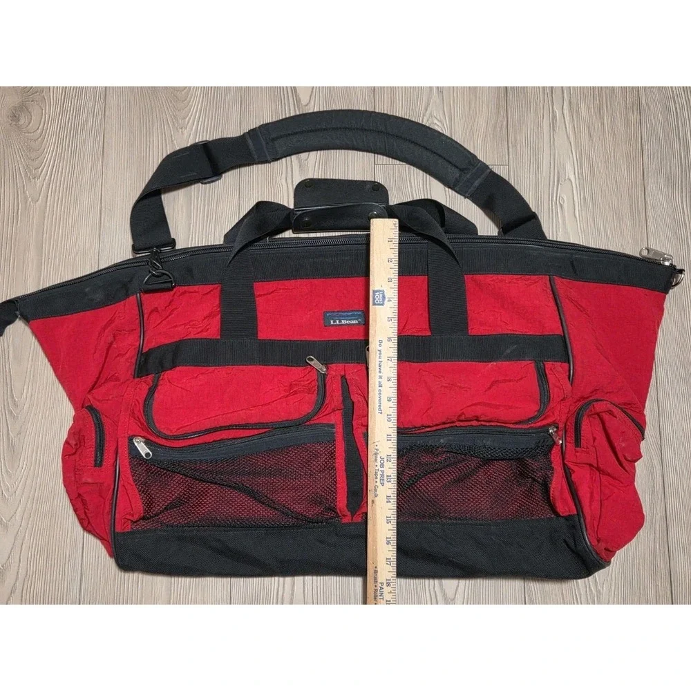 Vintage LL Bean Adventure Duffel Bag Large Luggage Red Black /w Strap Blue Inter